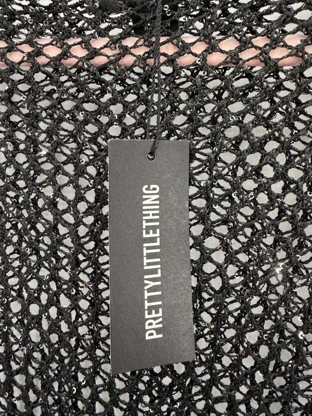 PRETTY LITTLE THING Crochet Sequin Knit LS Cover Up Mini Dress in BLACK NEW S - Picture 4 of 9